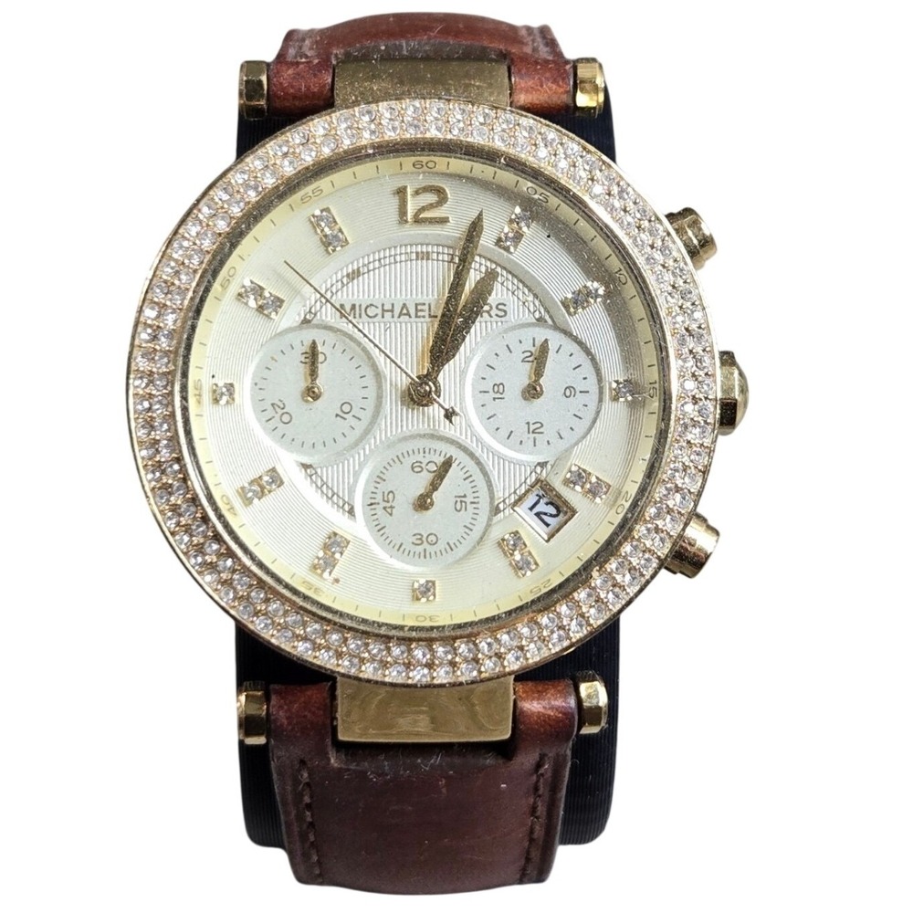 Michael Kors‎ MK-2249 Chronograph Watch Womens Gold Brown Leather Crystal Tested